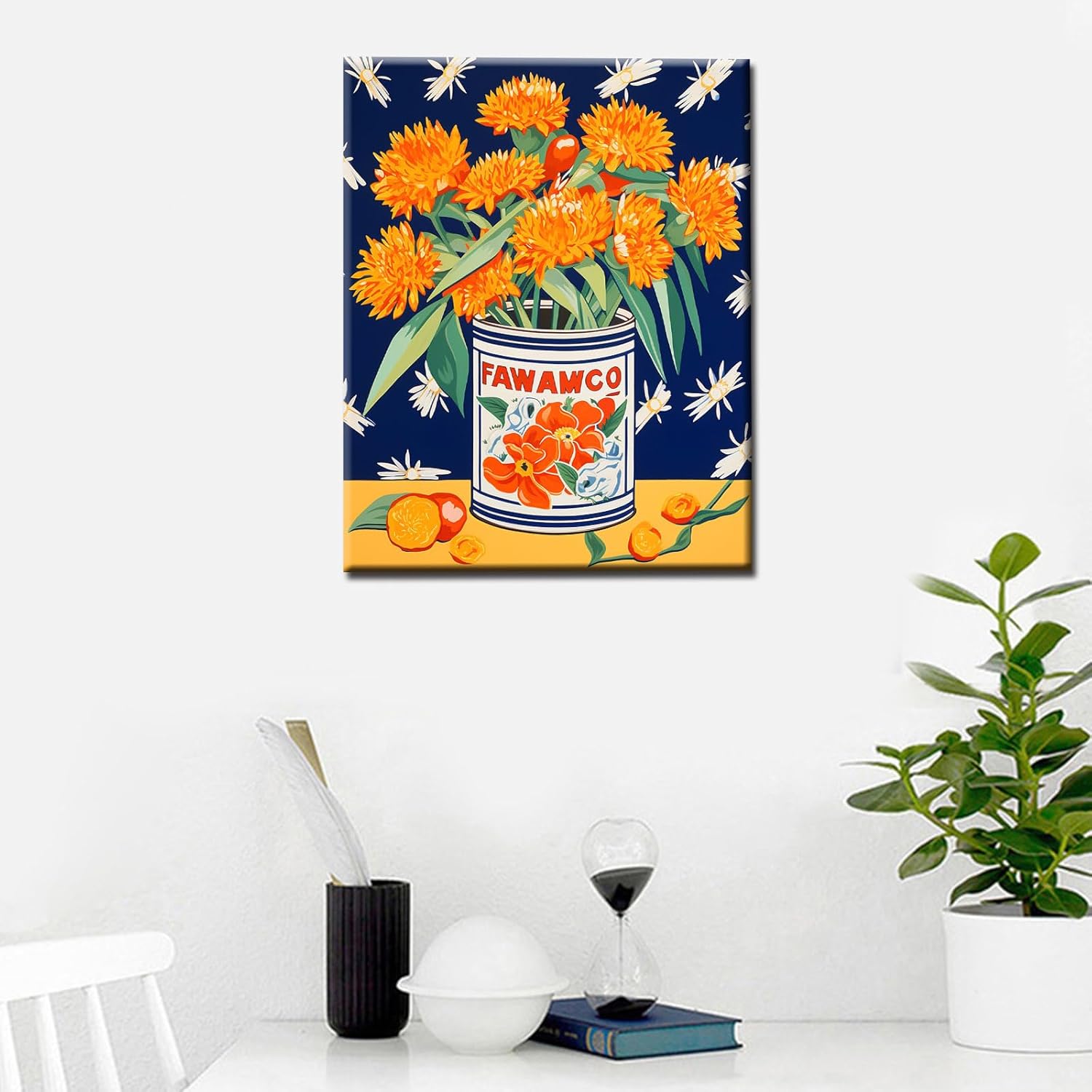 Retor Orange Flowers in a Tin DIY Paint by Numbers for Adults Orange Floral DIY Oil Painting Acrylic Paint Art Painting Kit Canvas with Acrylic Paints Vintage Flowers Art 16x20 Inch（DIY Frame ）