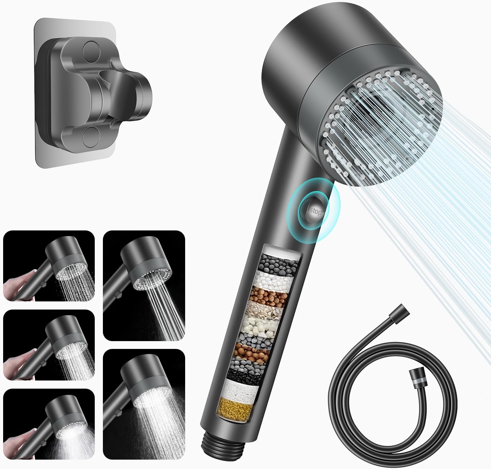 vacvadHard Water Filter Shower Head, 5 Spray Modes High Pressure Shower Heads with 1.5m Hose, Powerful Handheld Filtered Showerhead for Residual Chlorine Remove