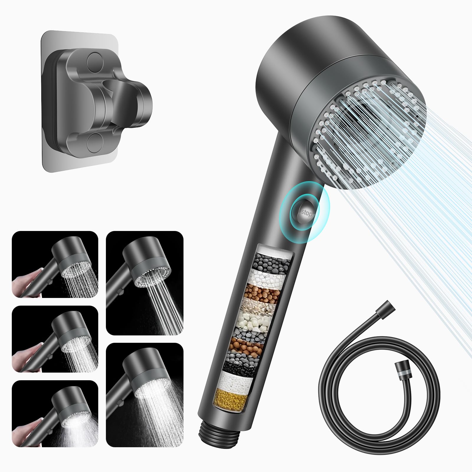 vacvadHard Water Filter Shower Head, 5 Spray Modes High Pressure Shower Heads with 1.5m Hose, Powerful Handheld Filtered Showerhead for Residual Chlorine Remove