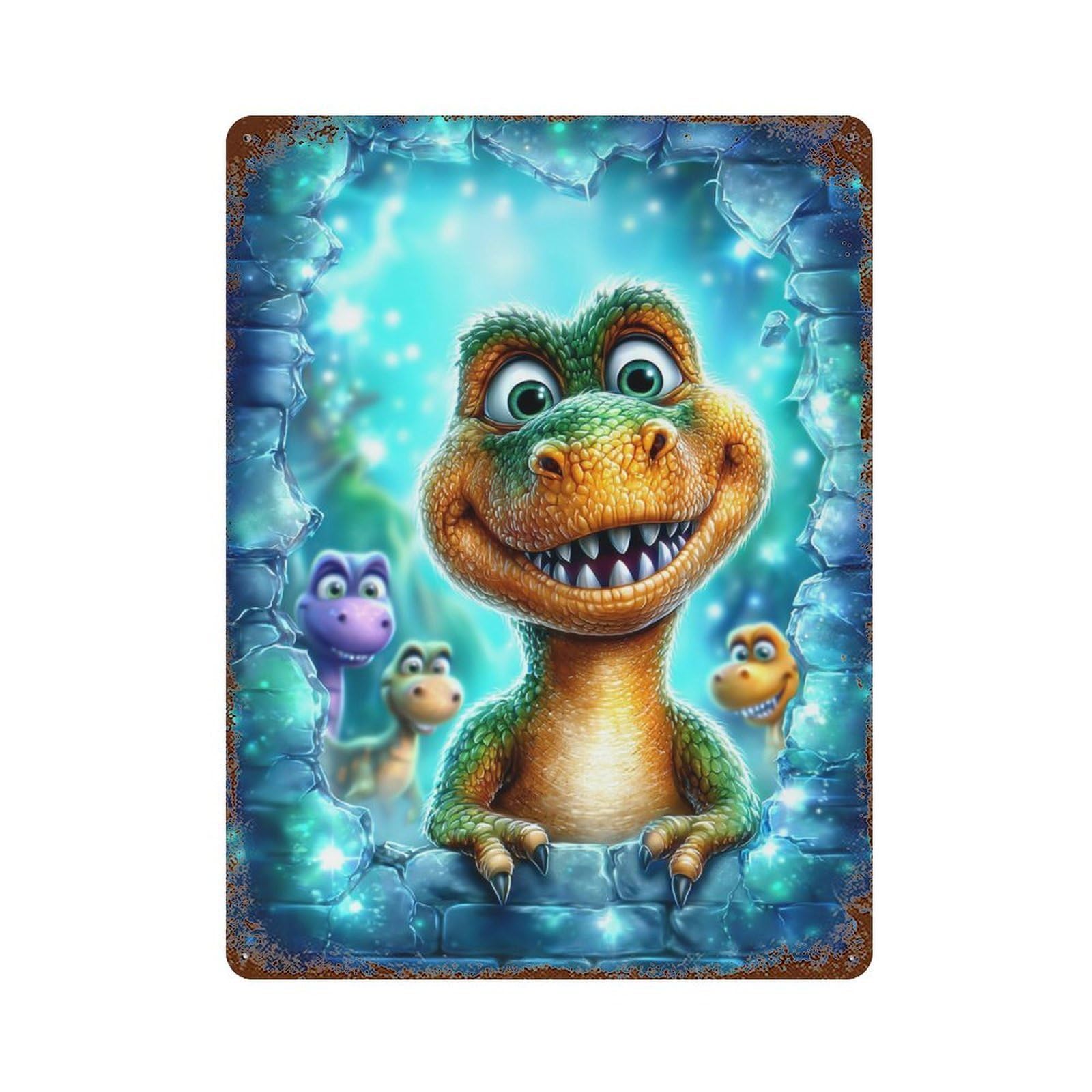 Colorful Dinosaur Friends Retro Metal Sign 15.7"x11.8", Shabby Chic Decor for Bistro, Counter And Cafe Decor