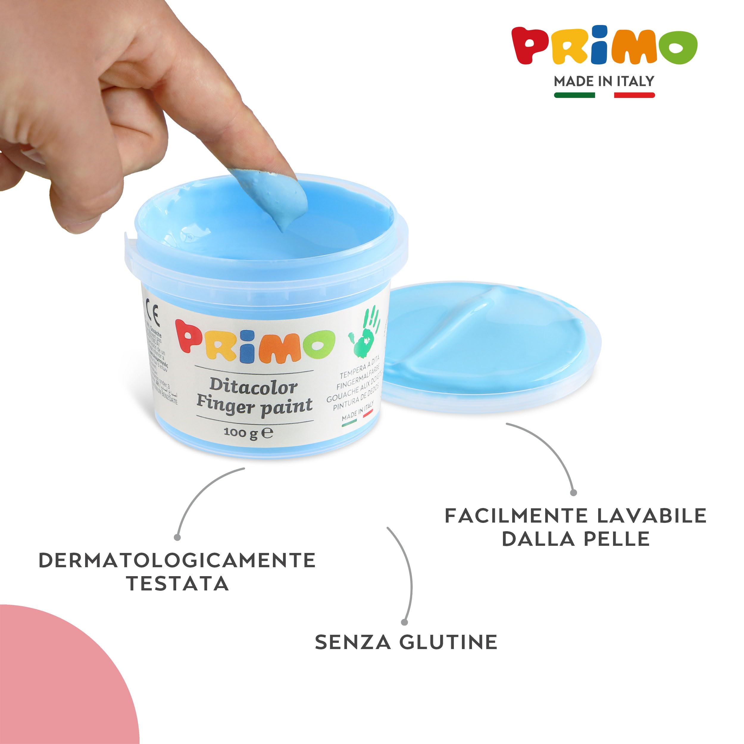 PRIMO - Valigetta Colori per Bambini +2 Anni Prima Infanzia, Tempere per Dipingere a Dita 100g 6 Colori Pastello per Carta Vetro, Tempera per Cartoleria e Lavoretti Creativi Dermatologicamente Testata