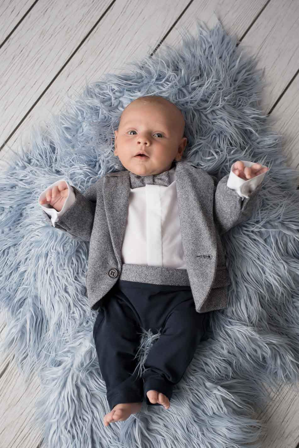 Taufanzug Baby Junge Anzug Strampler Overall Festanzug mit Sakko Taufstrampler Grau