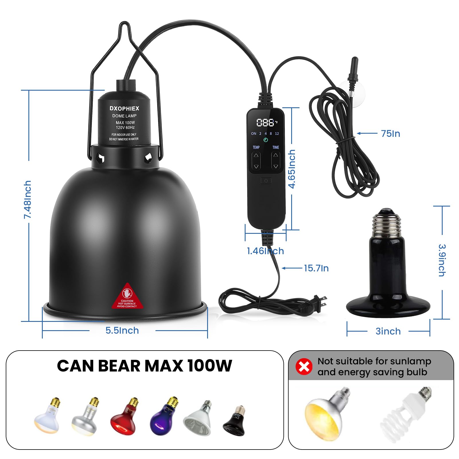 DXOPHIEX 5.5inch deep Reptile Light Fixture Reptile Heat lamp with Thermostat, max 100W Fixture with 100W Ceramic Heat Emitter for Turtle, Frog, Gecko, Snake, Lizard, Bearded Dragon - image 5