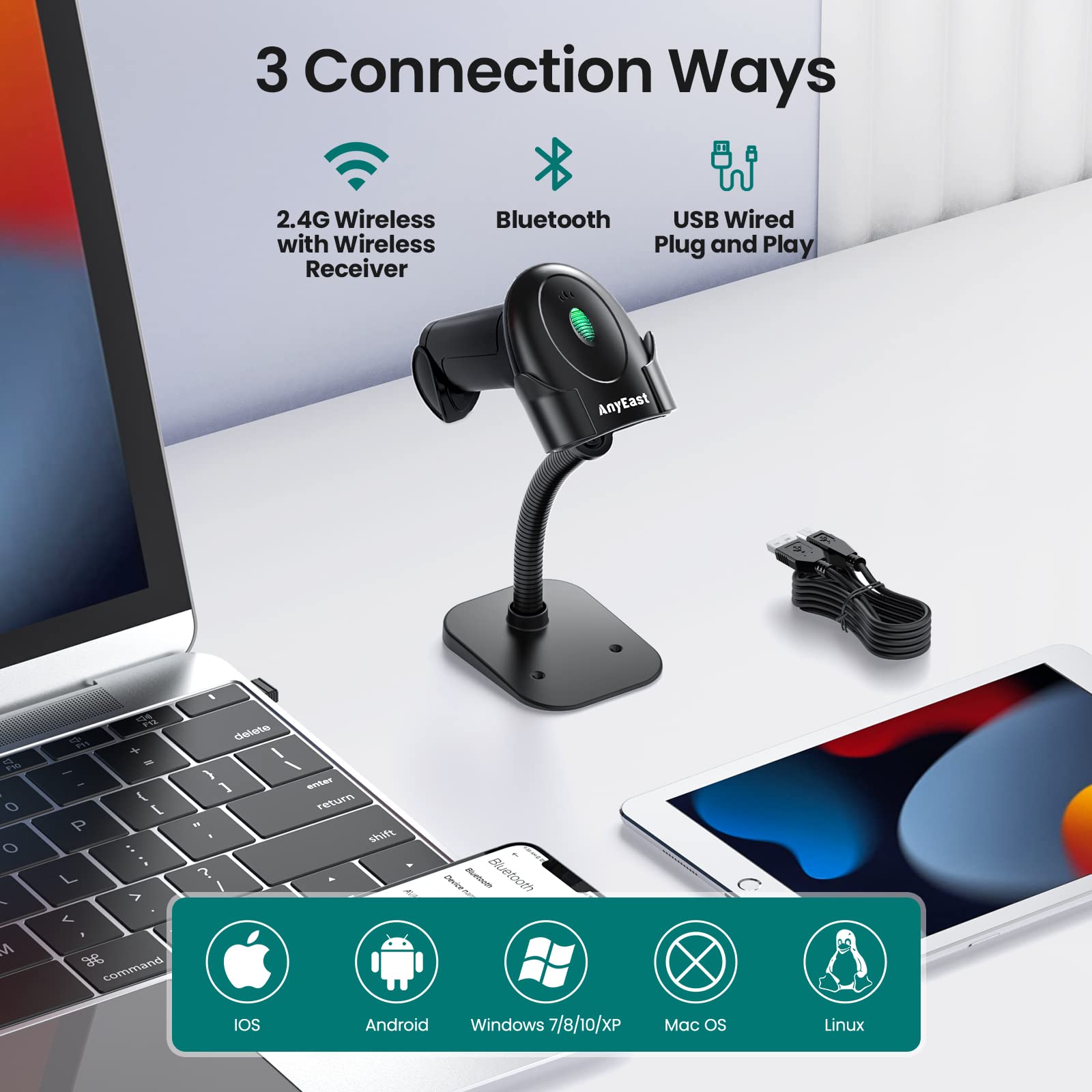 Escáner de código de barras con soporte, Bluetooth y escáner de código de barras inalámbrico, escáneres de código QR 2D 1D para computadora POS, lector de código de barras de imagen CMOS portátil para 2
