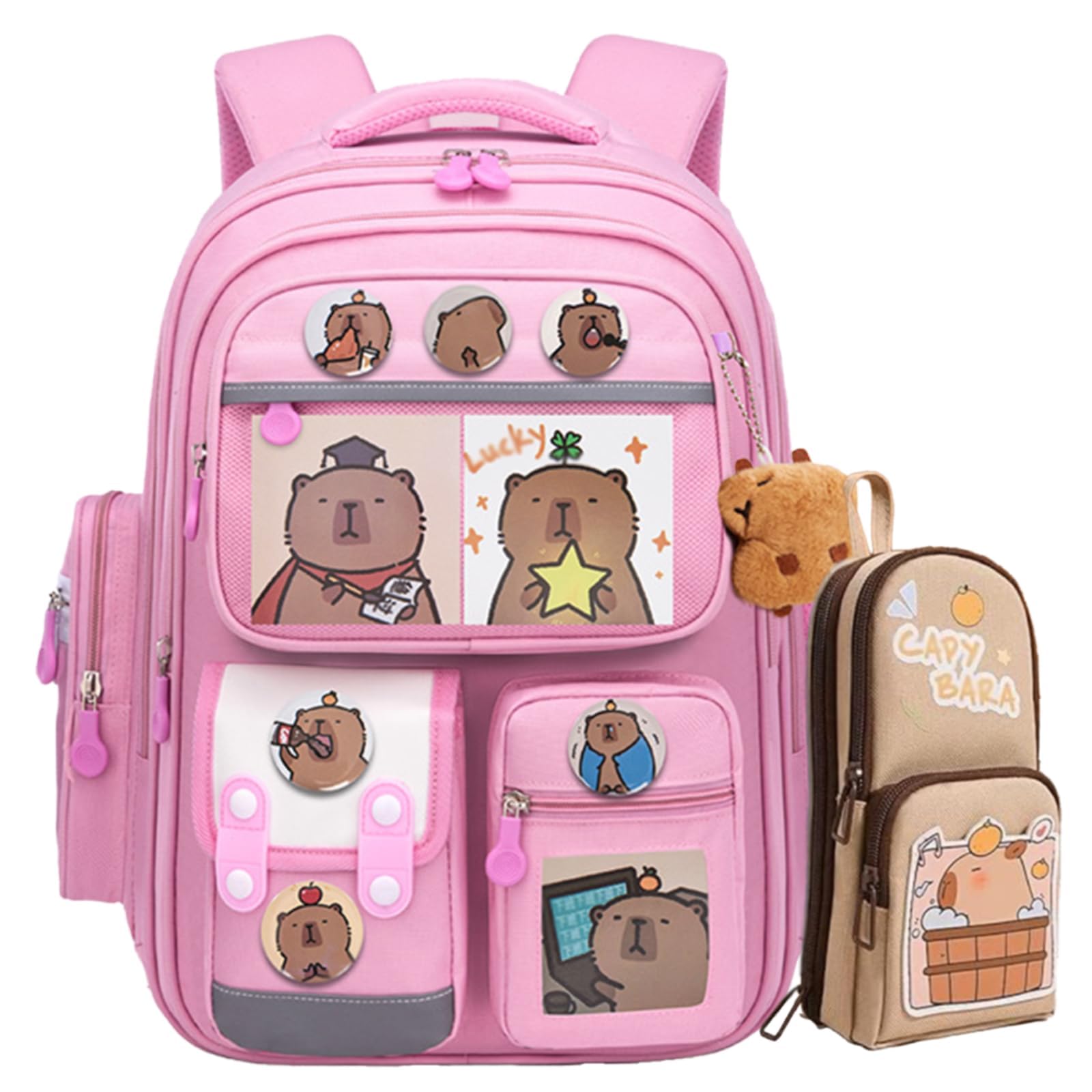 Cute Pink Capybara Backpack with Chic Case and More Pins Ita Bag Kawaii Cartoon Large Capacity Mochila De Capybara (Pink)