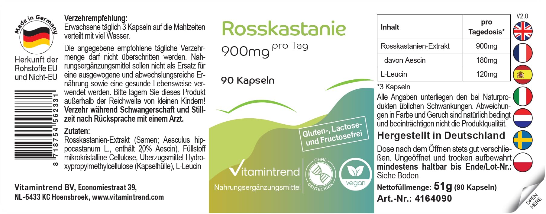 Vitamintrend Marronnier d'Inde 900 mg par jour, 90 gélules, facile à avaler, 20% d'aescine, hautement dosé, complément alimentaire vegan sans stéarate de magnésium, fabriqué en Allemagne