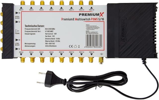 PremiumX PXMS Multiswitch 5/16 z zasilaczem - Dystrybutor sygnałów satelitarnych dla 16 użytkowników - Obsługuje Digital HDTV FullHD 4K UHD 8K