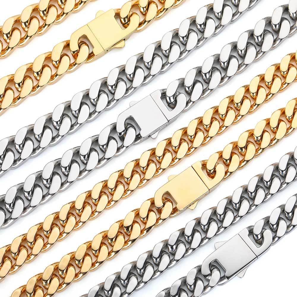 Qiaonitu 8/10/12/14mm Punk 18K Gold Plate Curb Cuban Chain Necklace Men Women HipHop Silver Stainless Steel Biker Bike Choker Necklace Jewelry