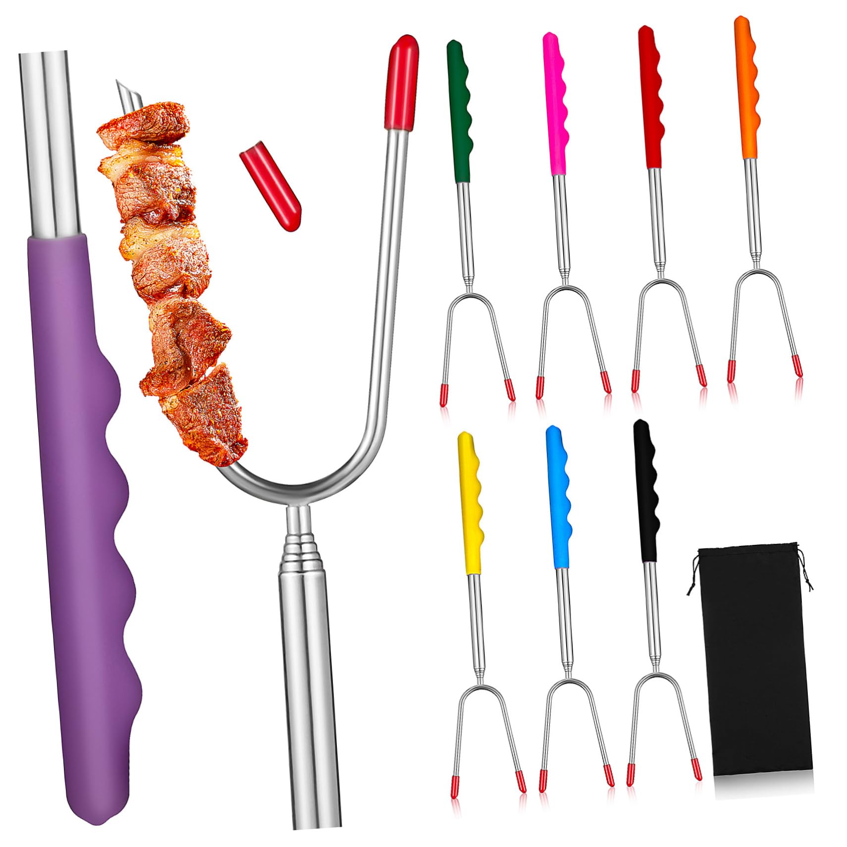 POPETPOP 8pcs Barbecue Fork with Roasting Sticks for Camping Includes Drawstring Bag for Grilling and Carving Chicken Meat and More