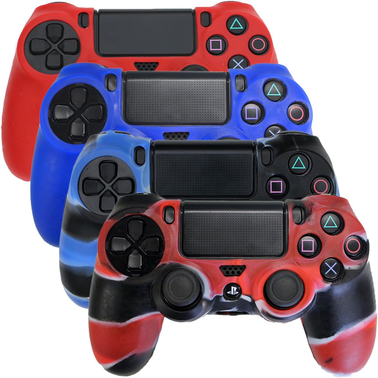 HDE PS4 Controller Skin 4 Pack Combo Silicone Rubber Protective Grip for Sony Playstation 4 Wireless Dualshock Game Controllers (Red, Deep Blue, Blue Black, Red Black Marble)