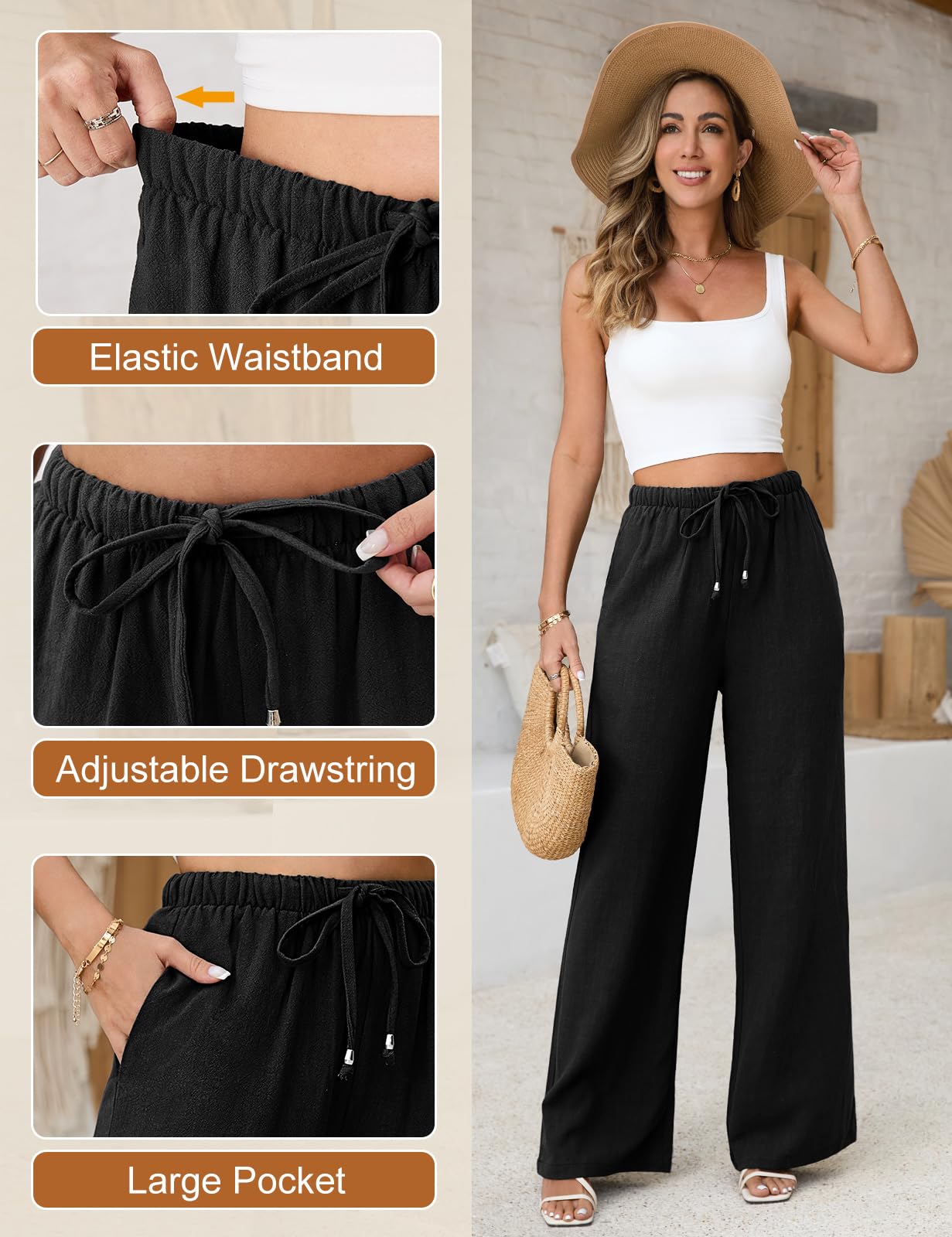 CMTOP Femme Pantalon Fluide Été Lin Pantalons Taille Haute Elastique Pantalons Jambe Large Ample Pantacourt Plissé Décontracté Léger Longueur Pants de Plage avec Poches