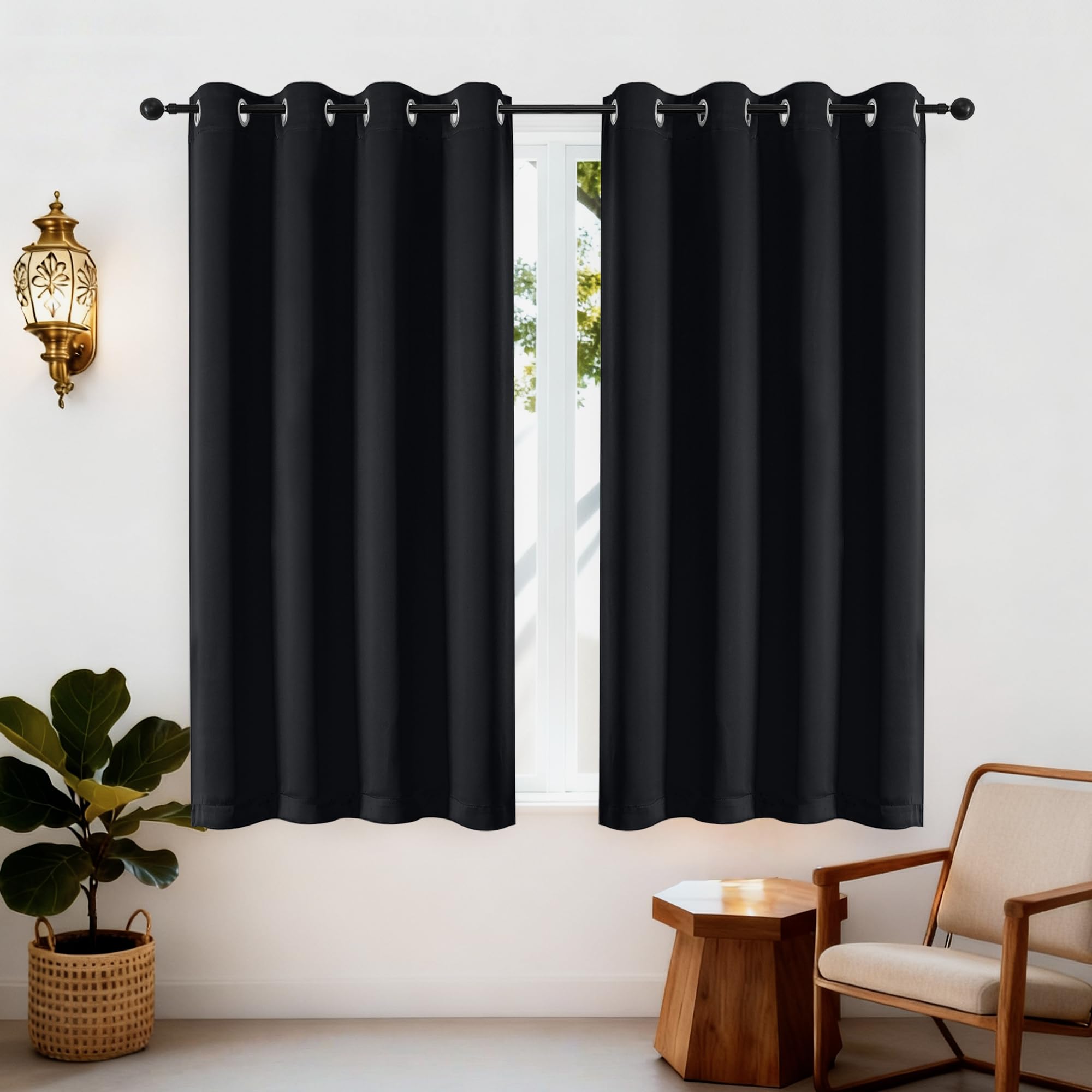 Simplebrand Ava Blackout Eyelet Curtains for Bedroom 163 cm Length 2 Panels Set, Solid Thermal Insulated Energy Saving Grommet Window Treatment Halloween Blackout Drapes, W 140 cm x L 163 cm — image 1