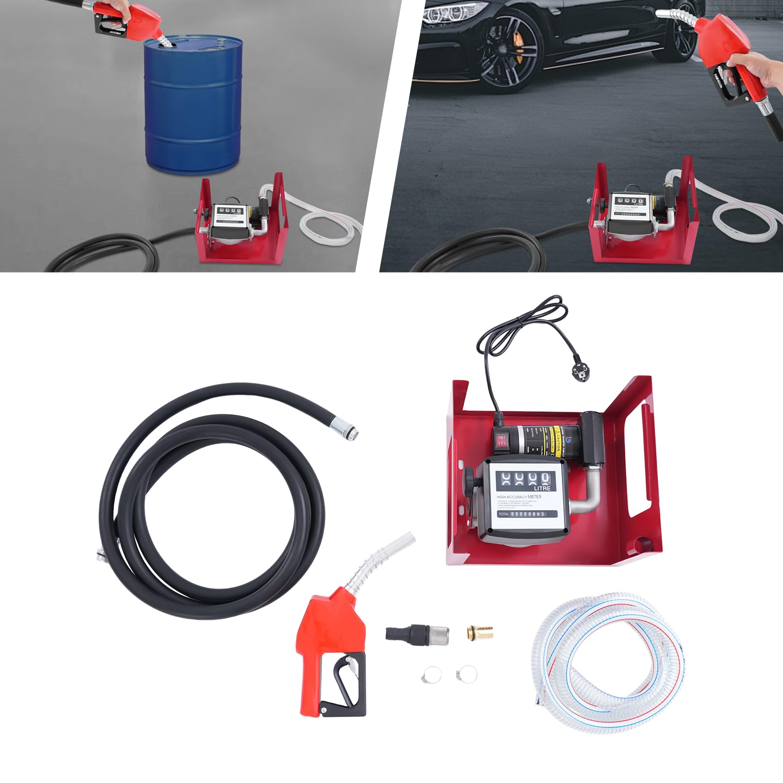 Bomba de diésel, 230V, bomba de gasóleo premium bomba de combustible, bomba de aceite autoaspirante, estaciones de servicio móviles, con mangueras y pistola dispensadora, asa para estación de servicio