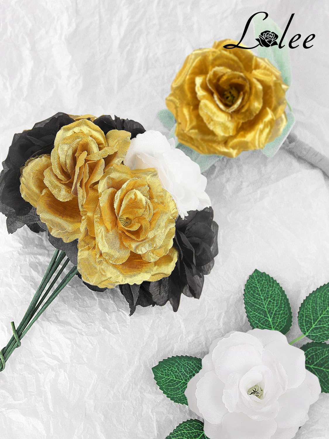 108pcs Roses Head Flowers with Stem - Black Gold White Graduation Artificial Flowers Rose Bulk - Silk Rose Fake Flower for Birthday Wedding Baby Shower Centerpieces Gold Theme Grad Party Tables Decor