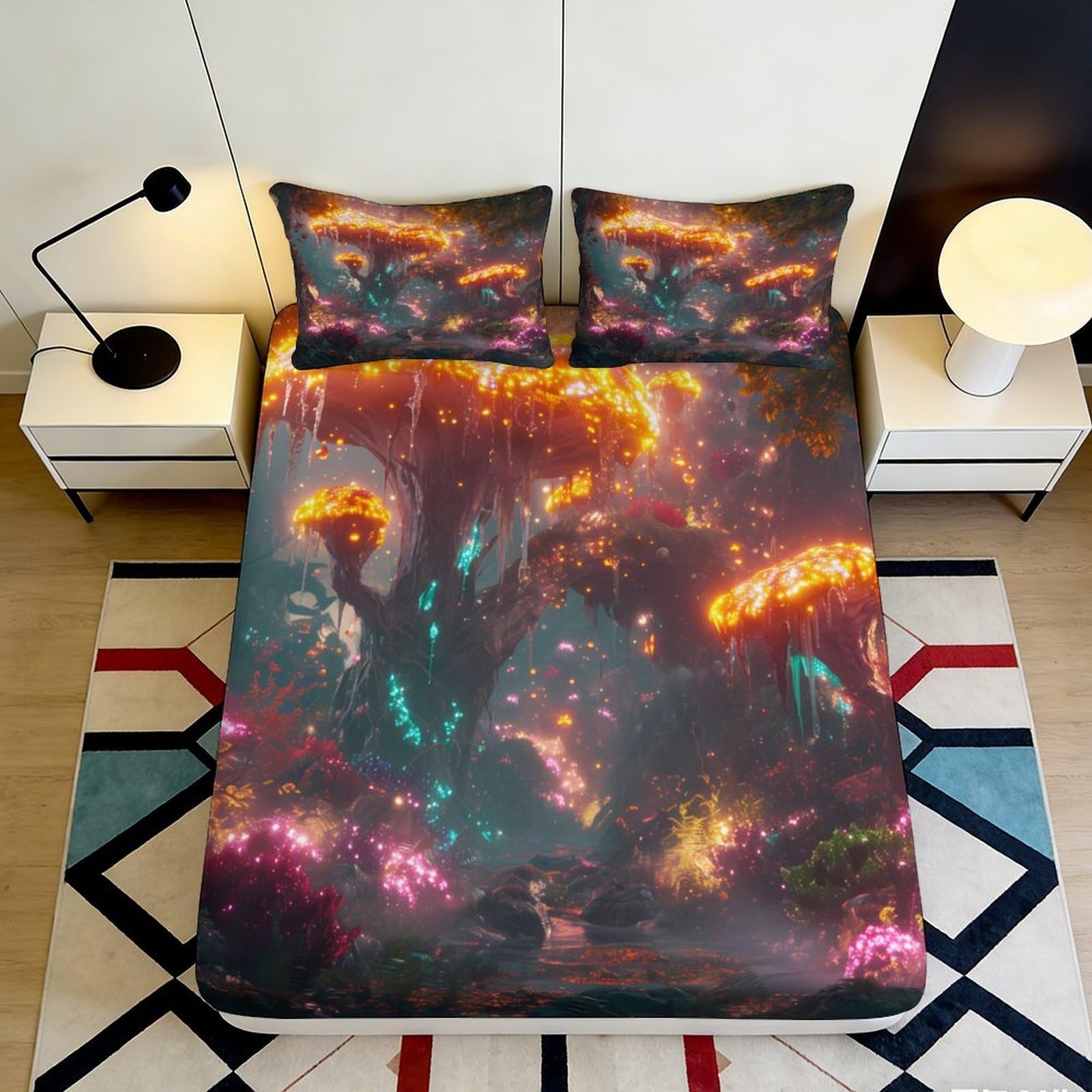 3D Printed Fantasy Mushroom Forest Fitted Sheet Microfiber Soft Anti-Slip Bed Cover for Bedroom Guest Room Decor 90x200x25cm