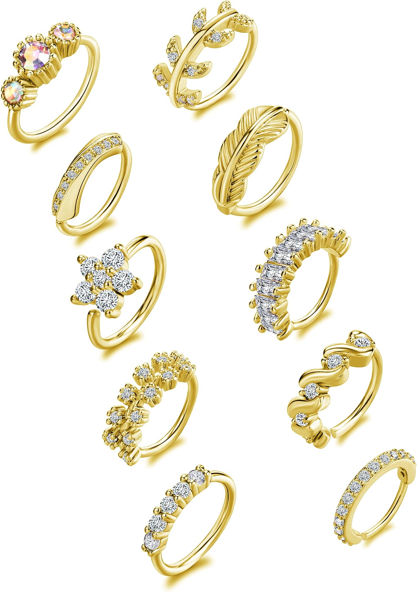 10Pcs Nose Ring Hoop Paved Flower Leaf Feather CZ Cartilage Earrings Nose Piercing Jewelry for Women Men Silver Gold Rose Gold Tone 20G