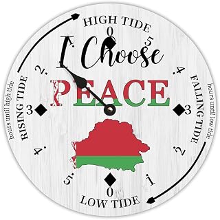 Rustic Wood Tide Clock I Choose Peace Belarus Flags Ocean Time Wooden Clock Wood Moon Tidal Clock for Wall High and Low Tide Movement Clock for Seaside House Cottage Hotel Camping 10x10 in