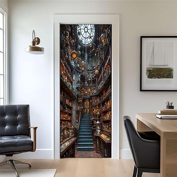 Door Stickers Peel and Stick Door Mural Fantasy Apothecary Library Interior Glass Bottles Tools Spiral Removable Wallpaper 30.3x78.7 Self-Adhesive Mural for Kids Room Living Room Bedroom