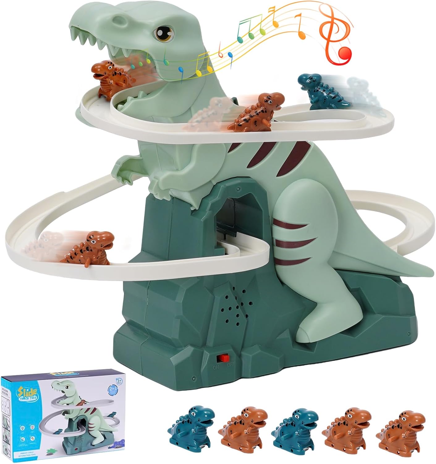 Dinosaur Climbing Stairs Toy Orbit Chasing Race Track Game Set Slide Climb Stairs Toys Roller Coaster Toy with Music Light Educational Puzzle Playsets Gift for Toddler Kids Boys Girls Age 3+