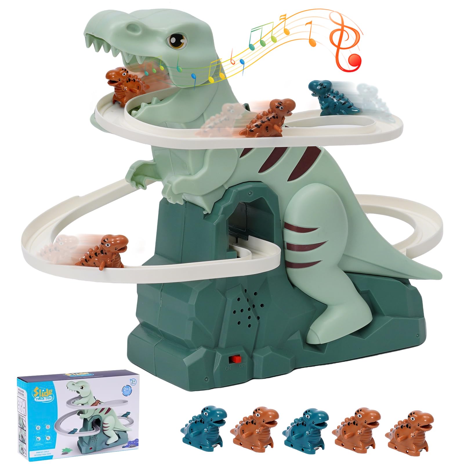 Dinosaur Climbing Stairs Toy Orbit Chasing Race Track Game Set Slide Climb Stairs Toys Roller Coaster Toy with Music Light Educational Puzzle Playsets Gift for Toddler Kids Boys Girls Age 3+