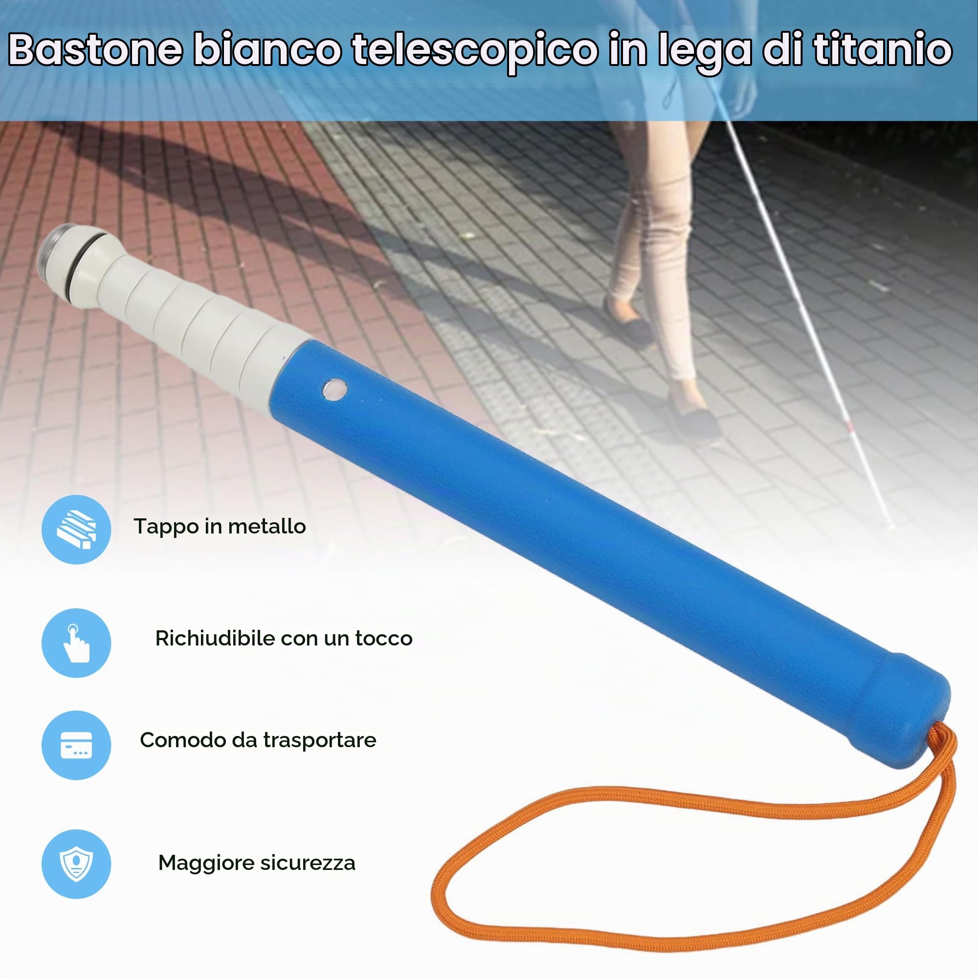 Bastone da passeggio telescopico per ciechi, con custodia, bastone telescopico da 129,5 cm, antiscivolo, antiurto, retrattile, pieghevole, riflettente, per anziani con problemi di vista