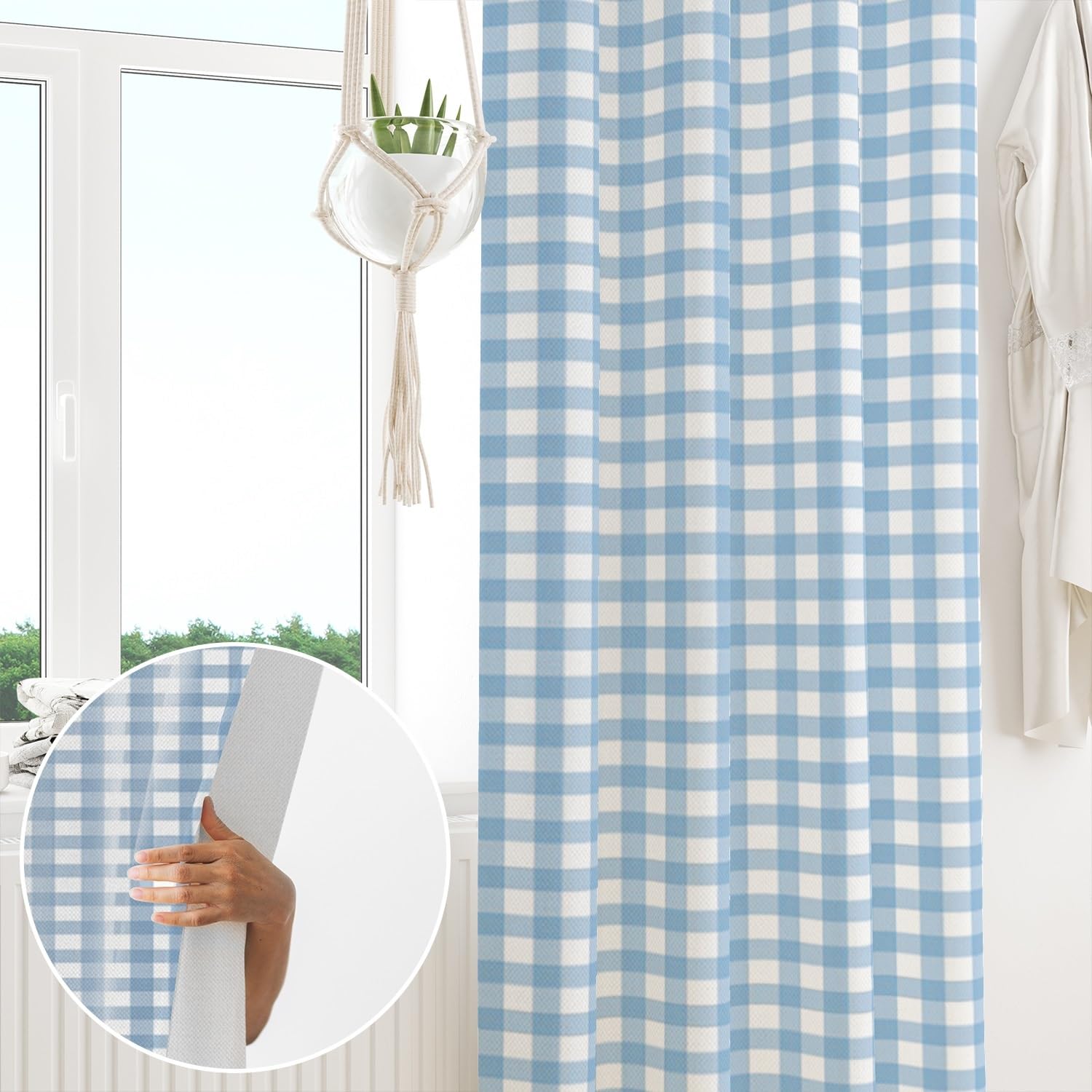 Rideaux à Carreaux Rideaux Vichy Chambre à Coucher Aquarelle Bleue géométrique Traitements de fenêtre Passe-Tringle Salon Ferme Moderne Extérieur Porte Rideaux d'intimité 135x245cm 1 Panneau