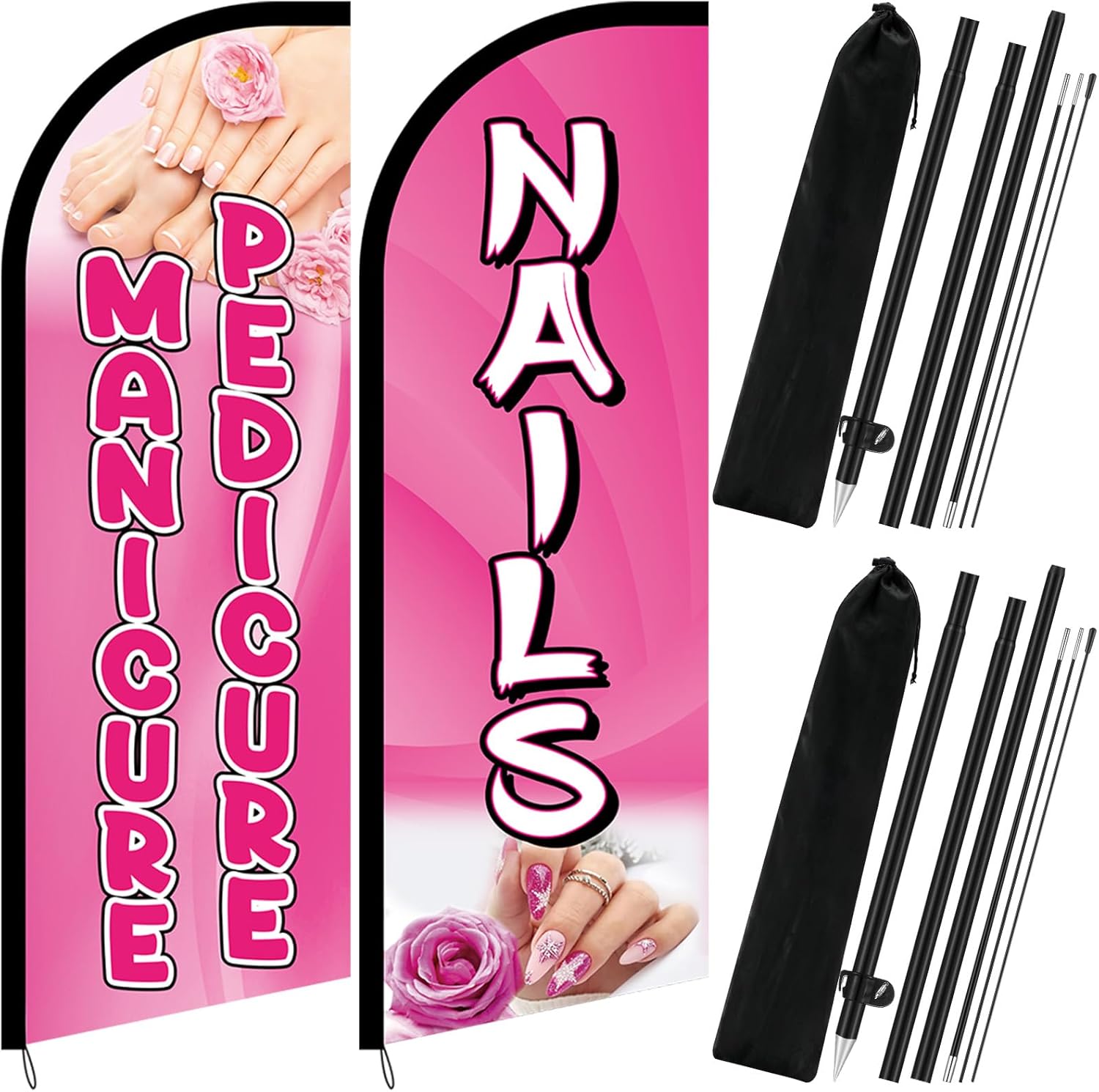 SmoothNovelty 2 Sets Nails Salon Feather Flag 7 ft Manicure Pedicure Feather Flag with Flagpole Portable Bags Kit Pink Nail Sign for Business Advertising Marketing Storefronts Retailers Shops Events