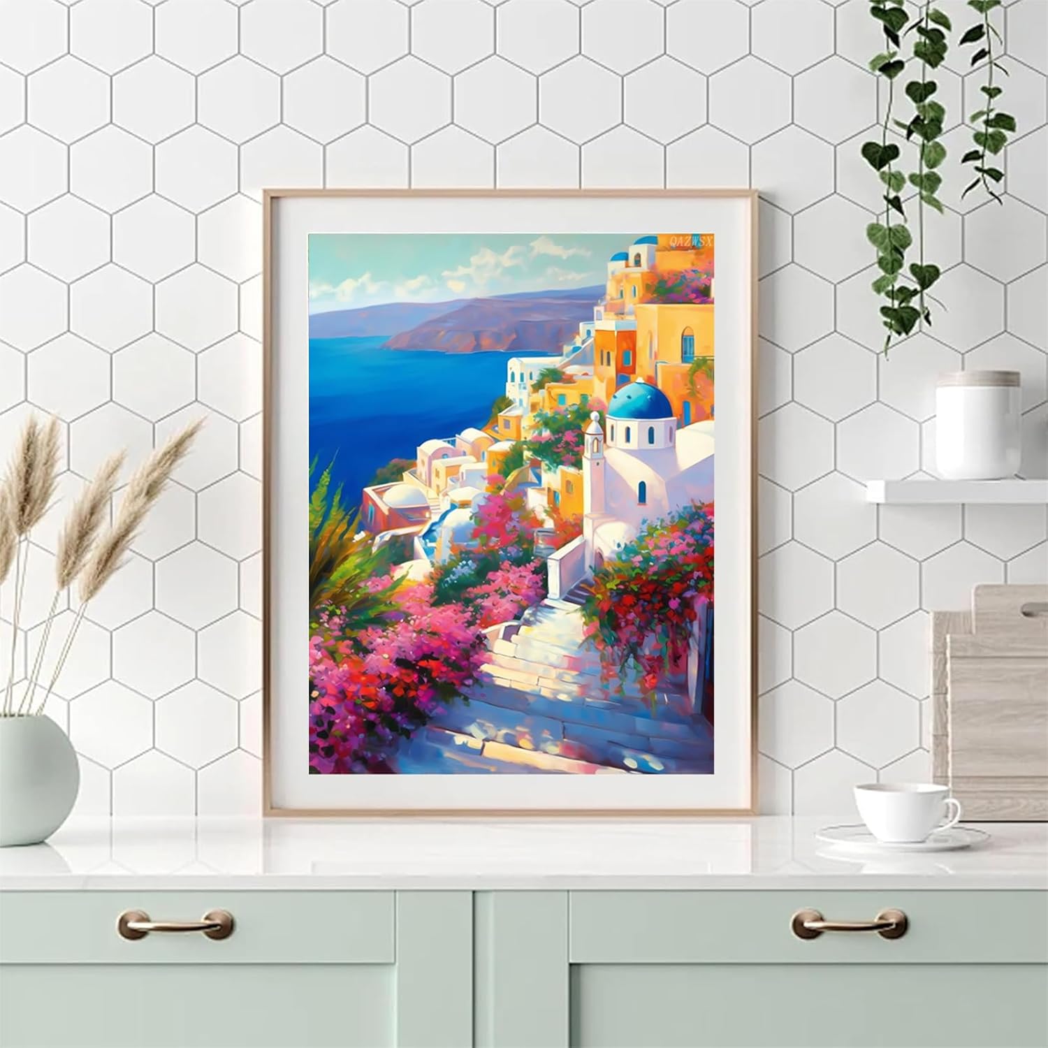 DIY 5D Diamond Painting Kits for Adults, Diamond Art Flowering Santorini Rhinestone Diamond Embroidery Santorini Craft Kits for Living Room Bedroom Wall Decor Gift 12x16 inch