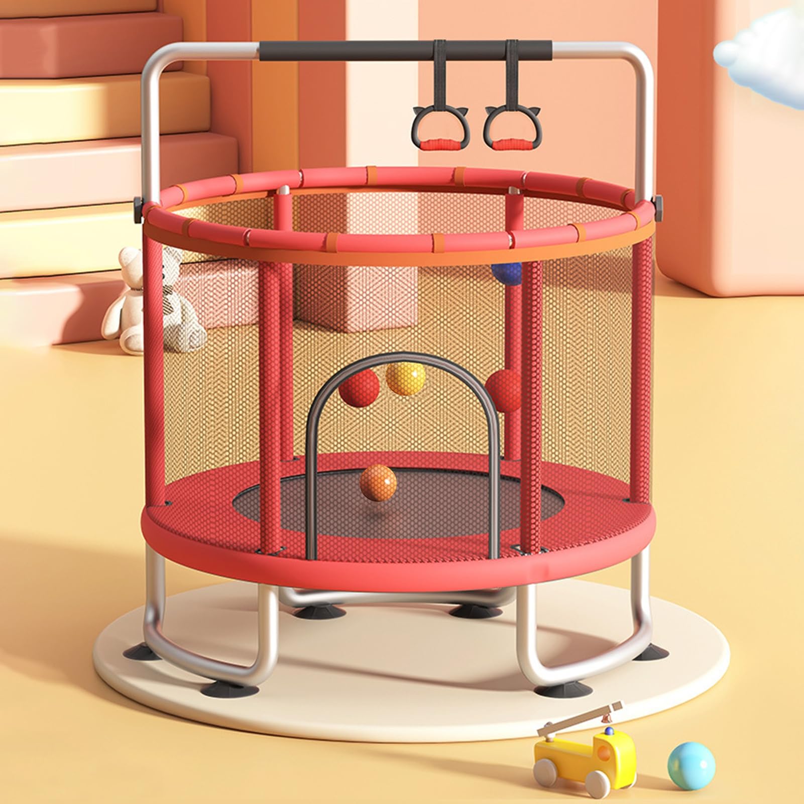 Trampolín infantil de 60 pulgadas con canasta de baloncesto, columpio y pelotas de océano – Red de seguridad de 360 grados, carga máxima de 440 libras, cama elástica interior para niños de 3 a 8 años