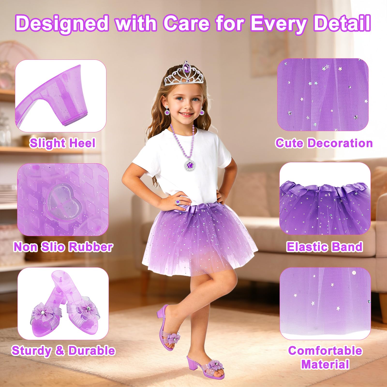 Fille Robe Princesse avec 3 Paires Chaussures Talon Enfant, 3 Jupes, Couronne, Collier, Cadeaux Halloween Noël