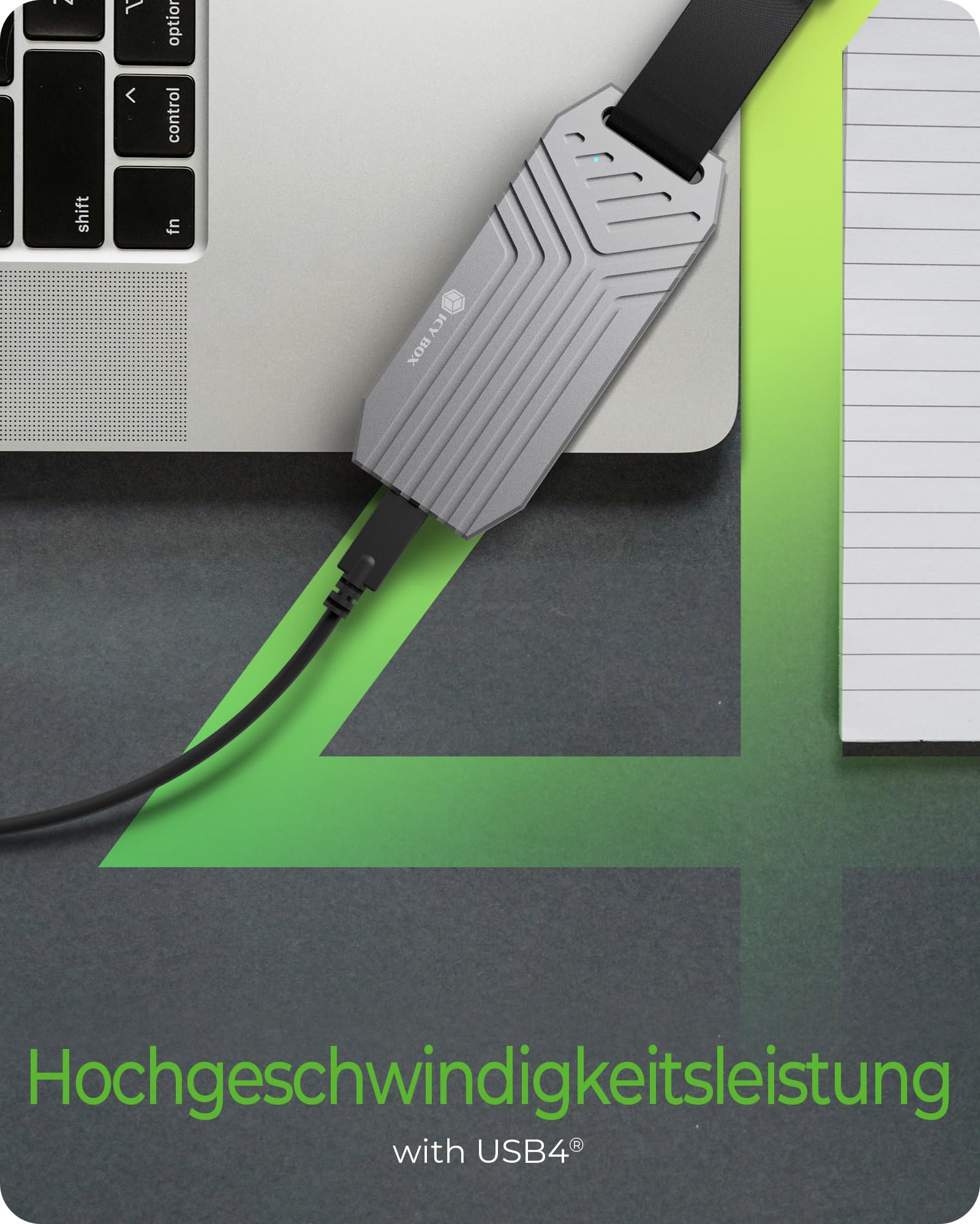 ICY Box (USB4) M.2 NVMe Gehäuse, bis zu 40 Gbit/s, USB-C Gen 3x2, für M.2 2280 NVMe SSD, werkzeuglose Montage, Aluminium Kühlgehäuse, Plug & Play, IB-1919M-C42