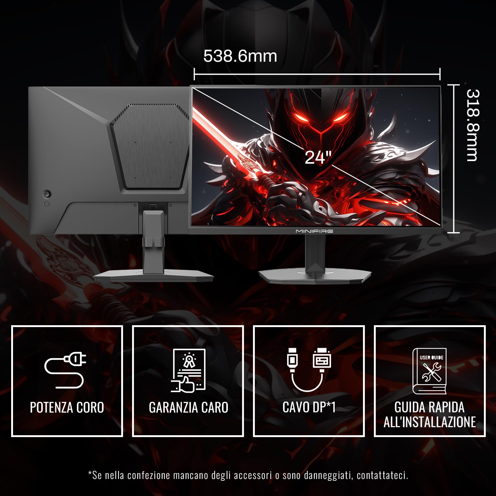 Minifire MFG24F4L Monitor Gaming 24 Pollici 180Hz, Full HD (1920x1080), PC Schermo IPS, 1ms, FreeSync, HDMI 1.4, DisplayPort 1.2, sRGB 110%, 300Nits, VESA, Inclinazione Regolabile, Eye Care