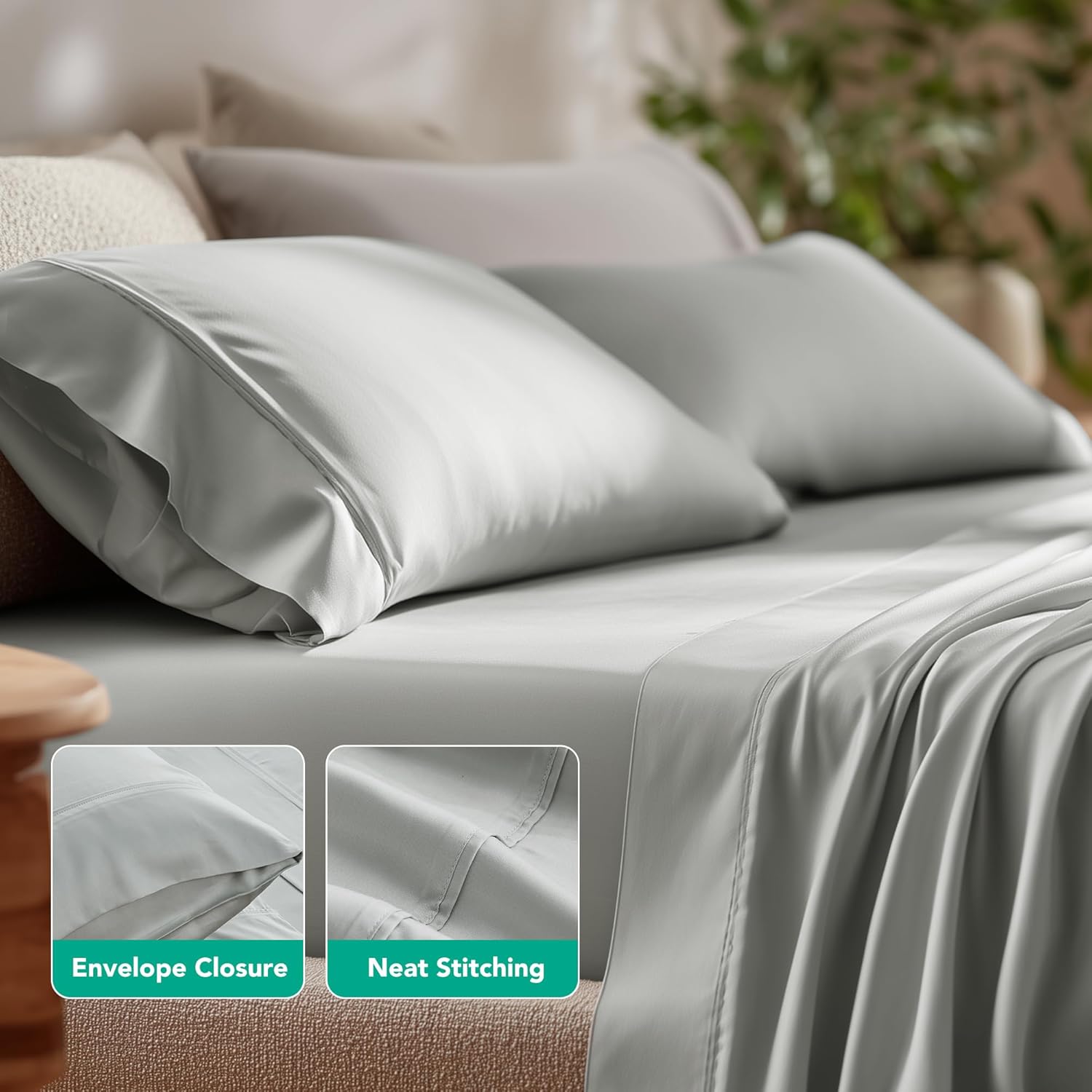 Deconovo 100% Viscose Derived from Bamboo Cooling Sheet Set (4-Piece), Moisture-Wicking, 16" Deep Pocket Fitted Sheet, Envelope Pillowcases, Easy Care, Oeko-TEX Standard 100-(King，Light Gray)