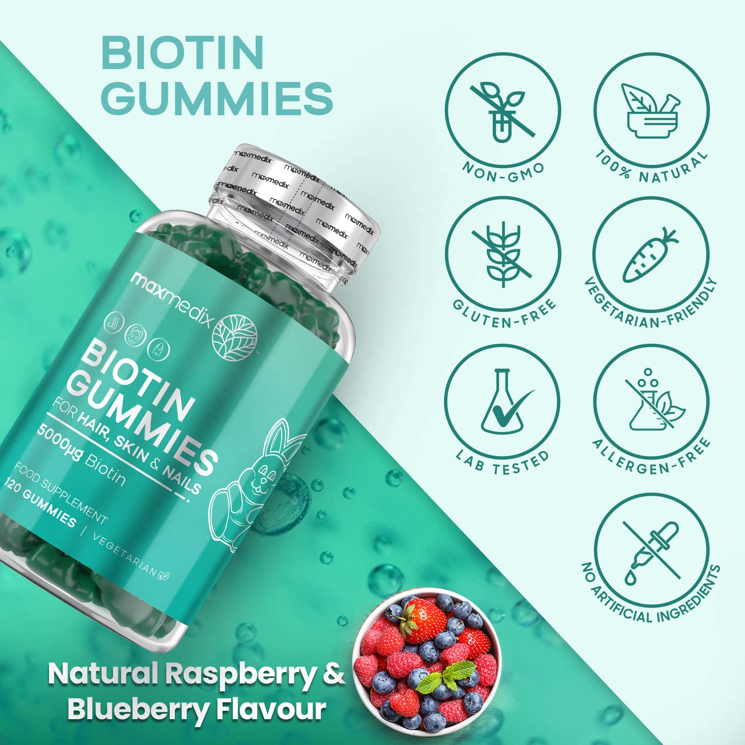 Biotin Skin, Nails & Hair Gummies 5000mcg 120 Chewable Hair Vitamin