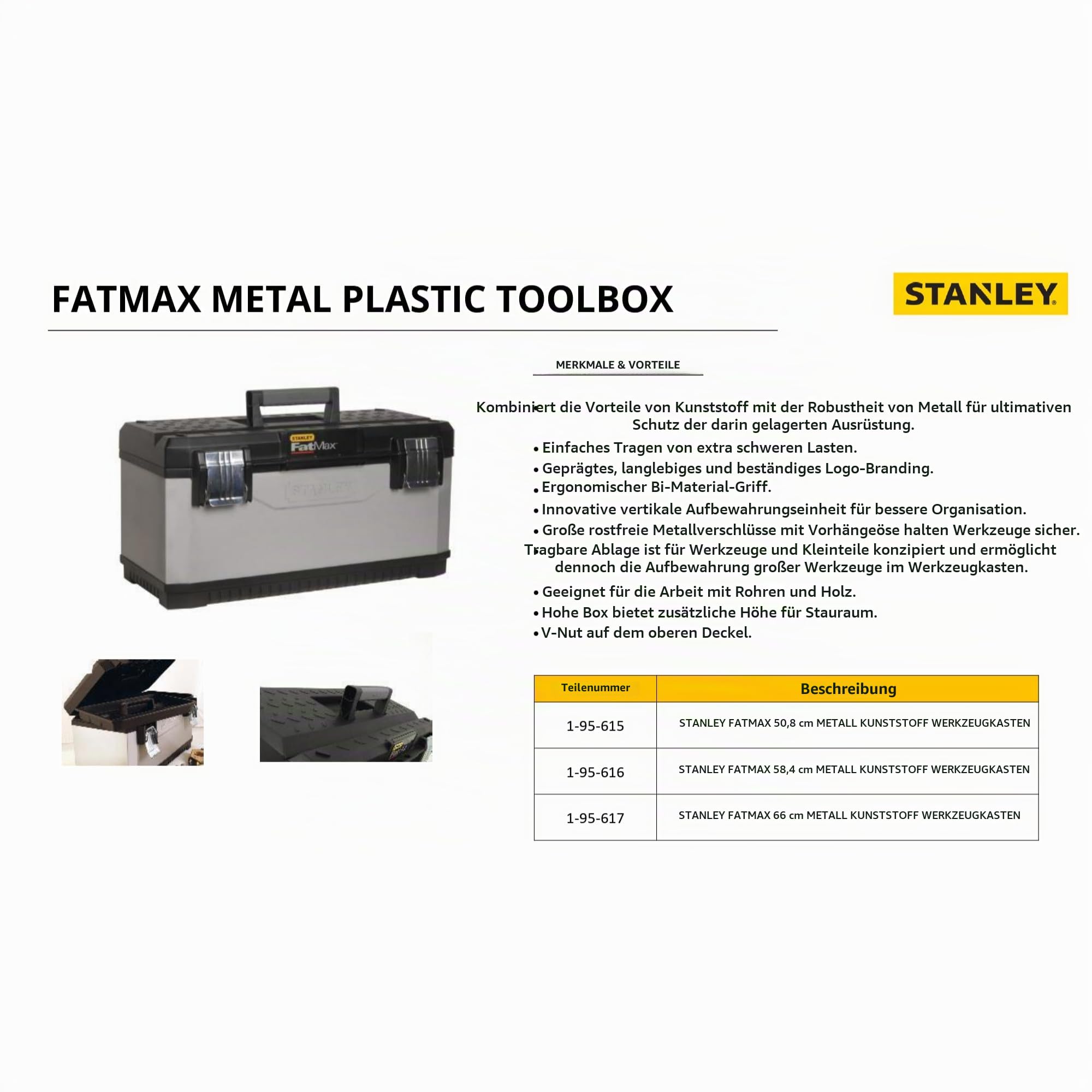 Stanley FatMax Werkzeugkoffer / Werkzeugbox (20", 50x29x30cm, Trage mit Bi-Material Griff, robuste Box aus Metall-Kunststoff mit rostfreien Schließen, Koffer mit Aussparung) 1-95-615