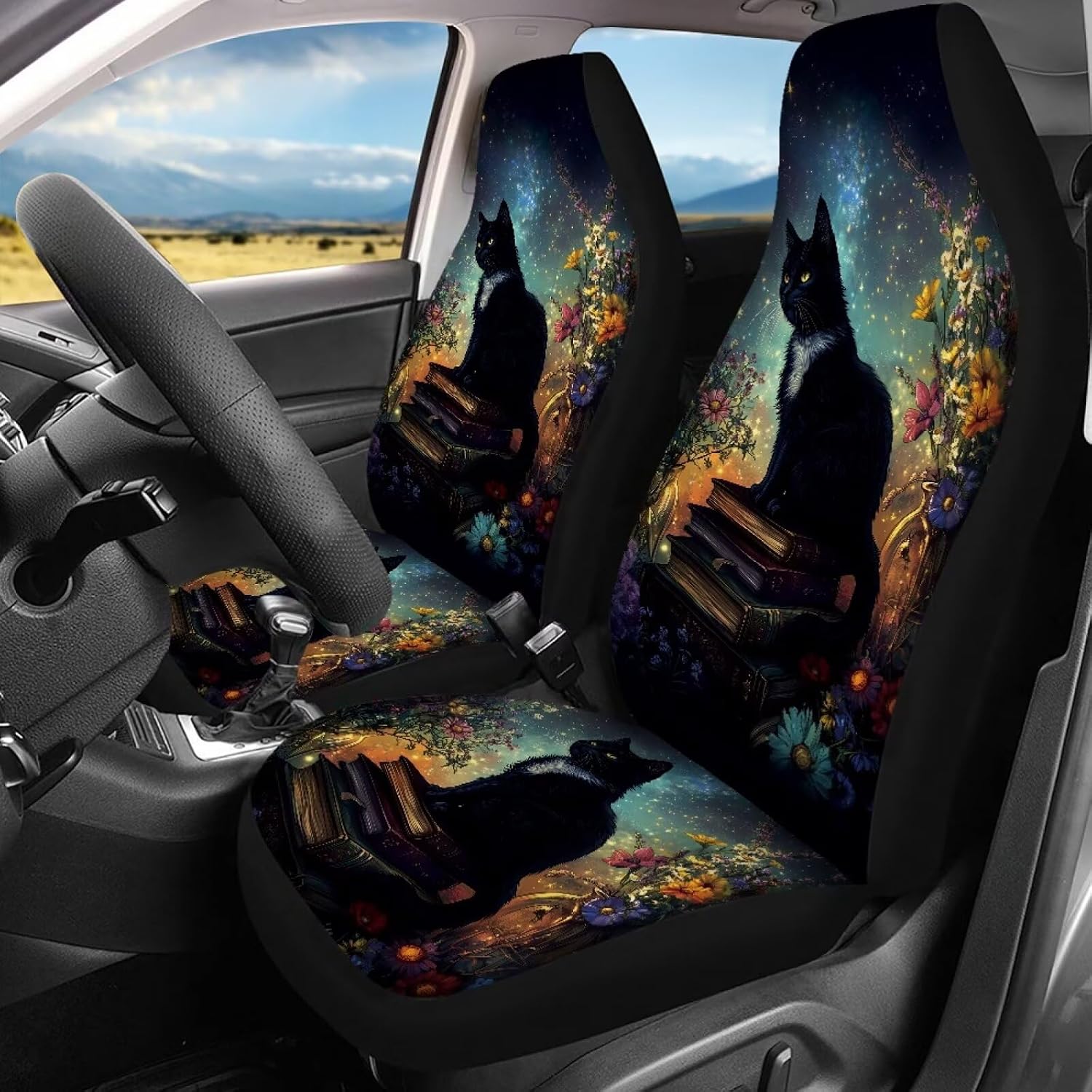 Beauty Collector Black Cat Book Daisy Car Seat Cover Full Set Auto Interior Covers Universal Fit Most Sedan SUV Truck