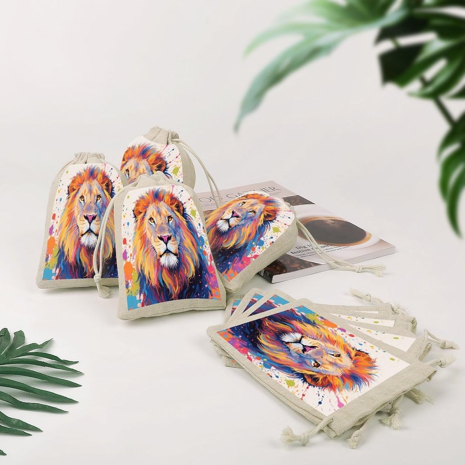 Colorful Lion Painting Drawstring Bag Fashionable Cinch Bags Bunches Pocket Set of Eight Multipurpose Drawstring Storage Bags for Daily Storage Kitchen Dressing Table