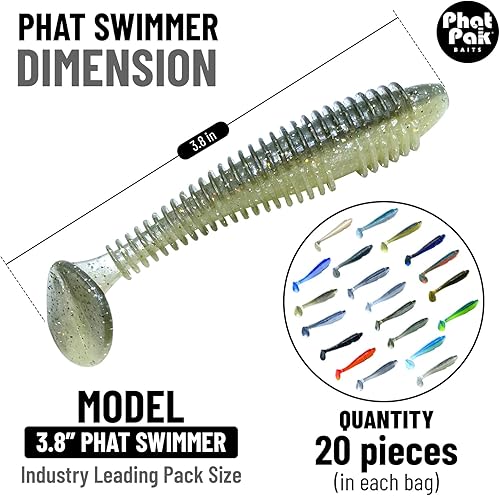 Miniatura 3 de Phat Pak Baits - Phat Swimmer Keitech Style Paddletail Swimbait 3.8" 20ct acanalado perfumado suave plástico Bass pesca señuelo