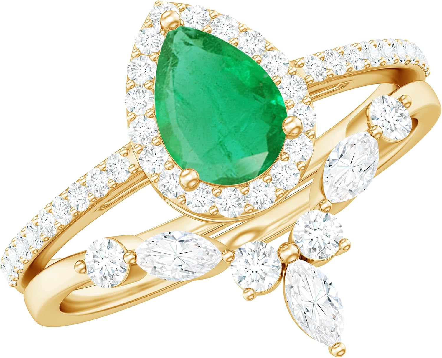 Genuine 1.6 Carat Emerald Bridal Ring Set, Aaa Quality, Emerald Pear Shape Engagement Ring With Enhancer - Gift For Her