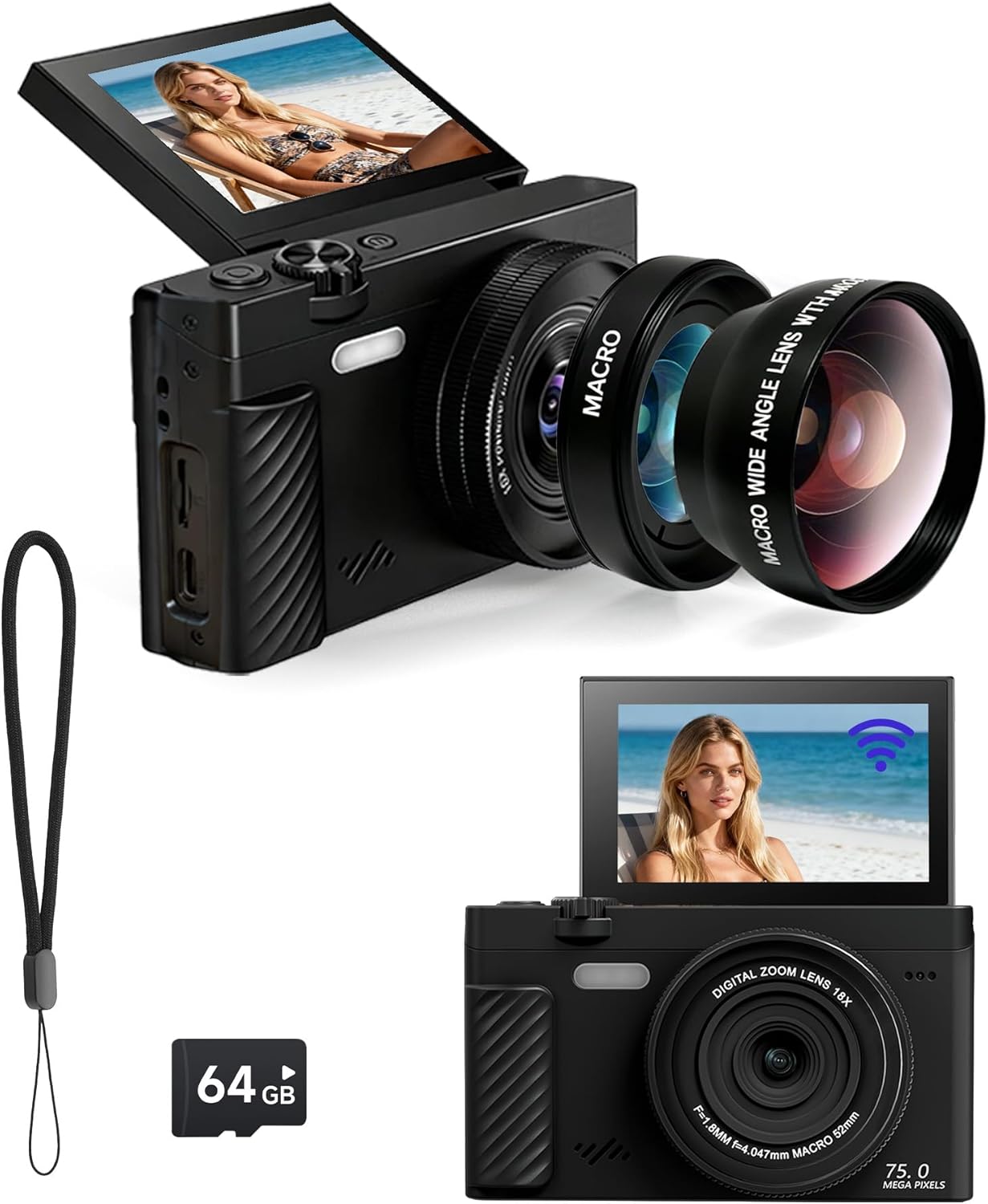 HD Digital Camera with Macro & Wide-Angle Lenses,64MP Autofocus Vlogging Camera with 3″ 180° Flip Screen,App Control, WiFi,Includes 64GB SD Card,18X Zoom –Travel Kit for Beginners & Creators &Teens HD Digital Camera with Macro & Wide-Angle Lenses,64MP Autofocus Vlogging Camera with 3″ 180° Flip Screen,App Control, WiFi,Includes 64GB SD Card,18X Zoom –Travel Kit for Beginners & Creators &Teens