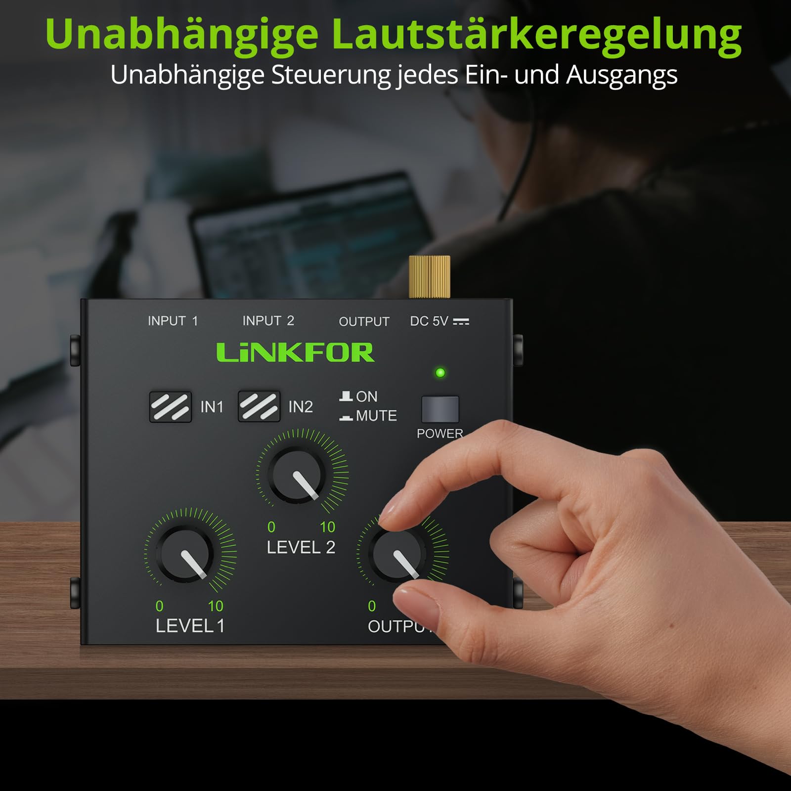 LiNKFOR Mini Audio Mixer Activemischer Mischpult 2 Kanal Stereo Audiomischer mit 1 Ausgang 3.5mm Audiomischpult Netzteil Geräuscharm, Unabhängige Lautstärkeregelung für Laptop,Mac,TV,Spielkonsole