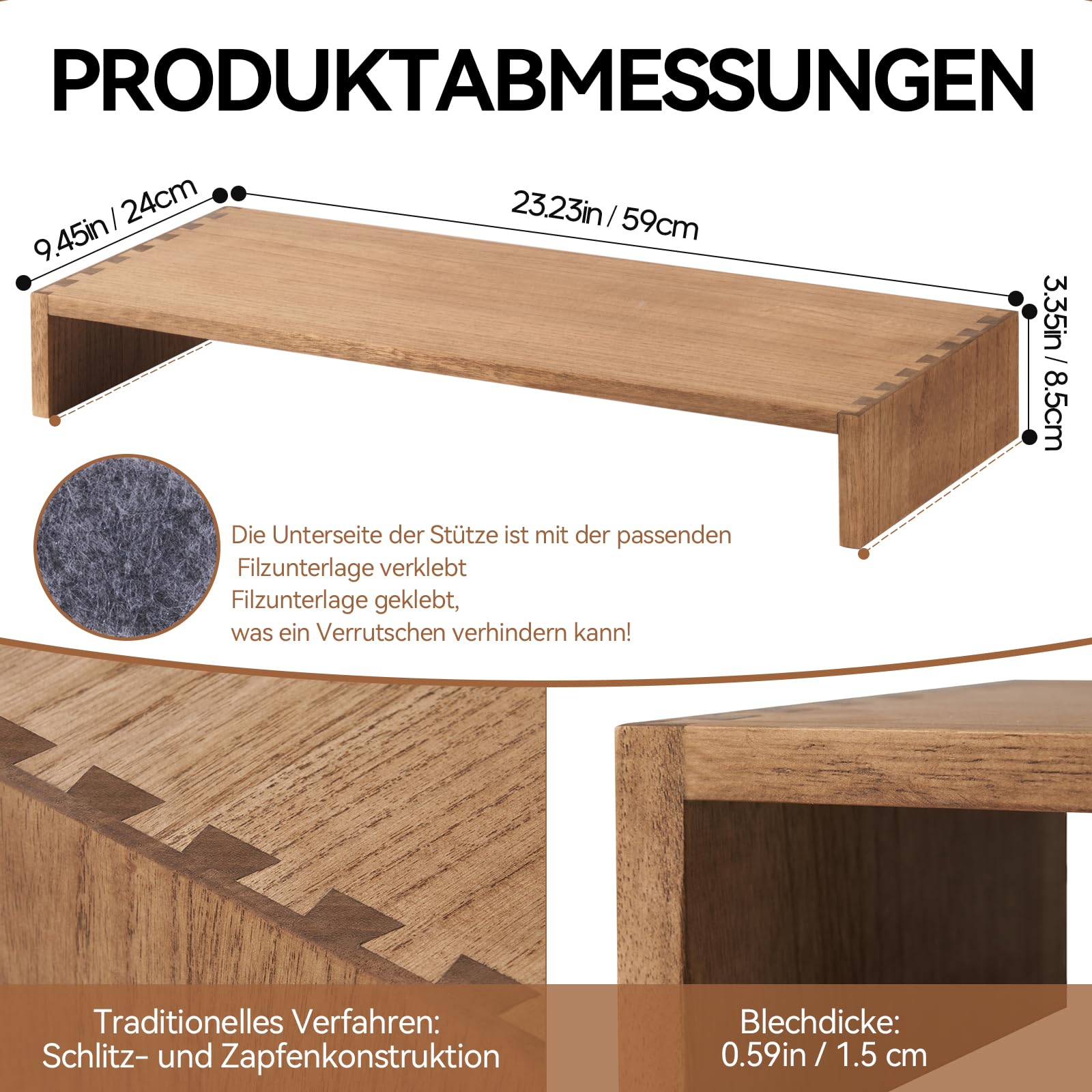 KIRIGEN Monitorständer Holz, Bildschirmerhöhung, 59 x 24 x 8,5 cm, Braun | Paulownia-Massivholz, handgefertigt, fertig montiert, Zapfenverbindungen, 20 kg Tragkraft, Pflanzenöl, 4 Antirutschpads