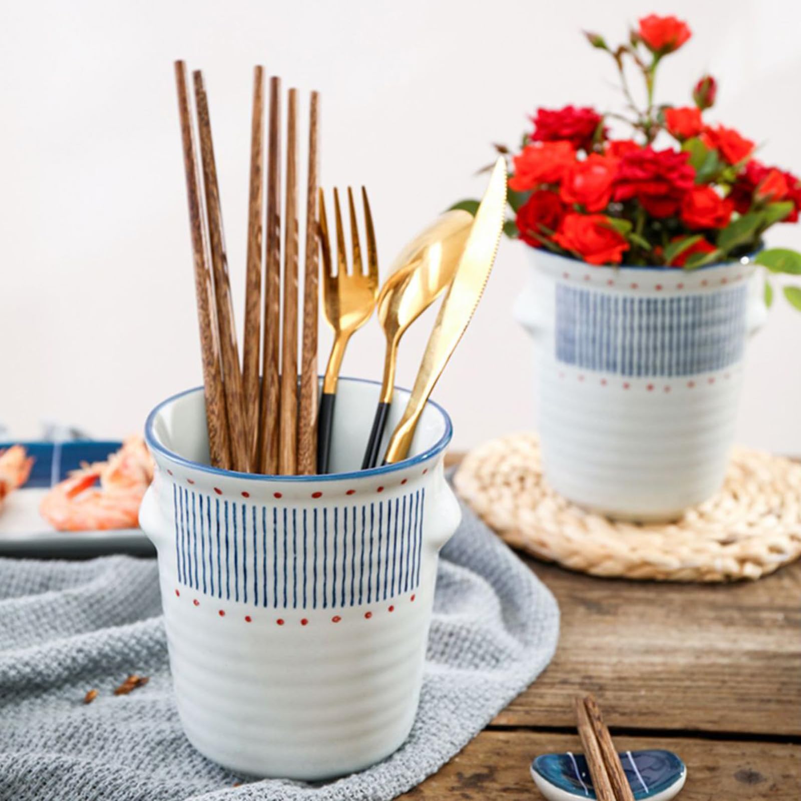 Uchwyt na przybory kuchenne, 10 cm szer. + 14 cm wys. ceramiczny uchwyt na przybory kuchenne na blat, z otworami drenażowymi i tacą, duży garnek na przybory do dekoracji blatu kuchennego, organizer na