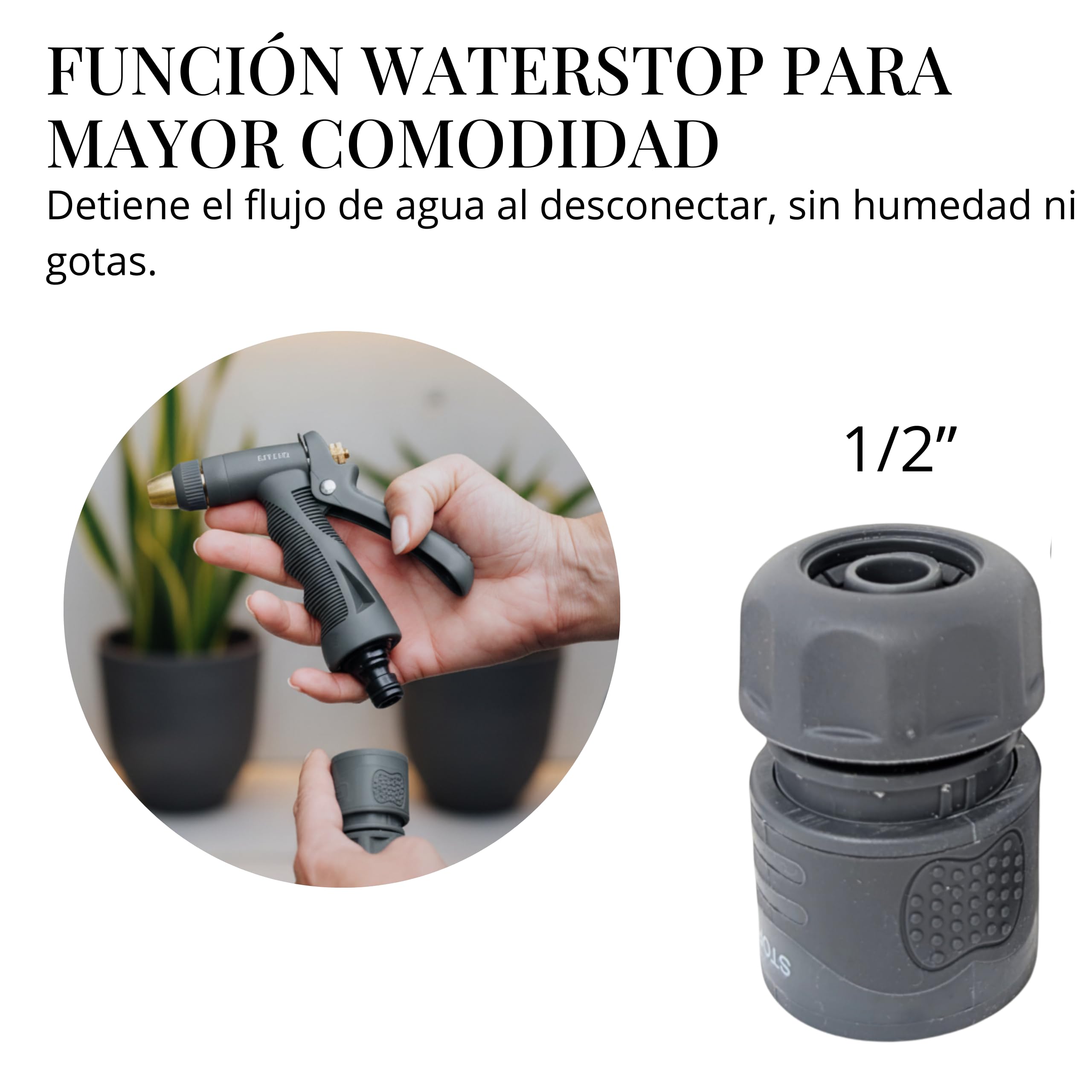 LIVLIG - Conector de manguera de plástico para manguera de jardín de 1/2 pulgadas en juego, acoplamiento de goma para manguera de jardín, color antracita