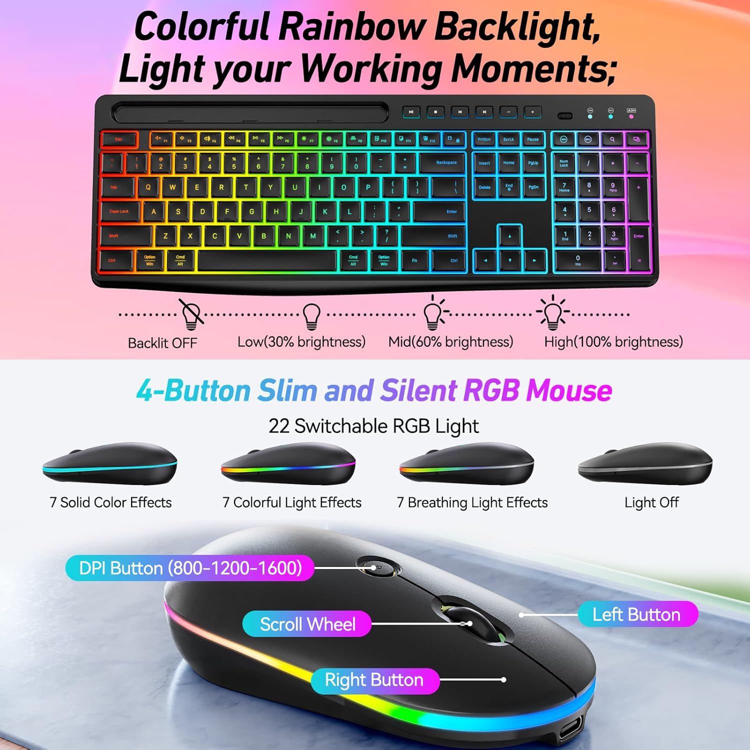 Wireless Keyboard and Mouse Combo with Backlit,2.4Ghz Rechargeable Light Up Keyboard Mouse with Phone Tablet Holder,11 Shortcut Keys,Silent 22 RGB Backlit Mouse,Quiet Click for Computer,PC,Mac,Windows