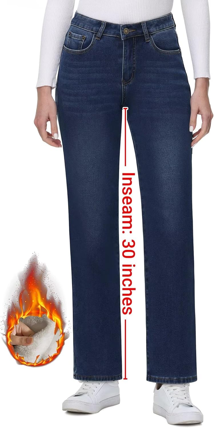 KDF Women's Fleece Lined Jeans Women Straight Leg Winter Fleece Lined Pants High Waist Lined Jeans Heated Wide Leg Jeans - Image 2