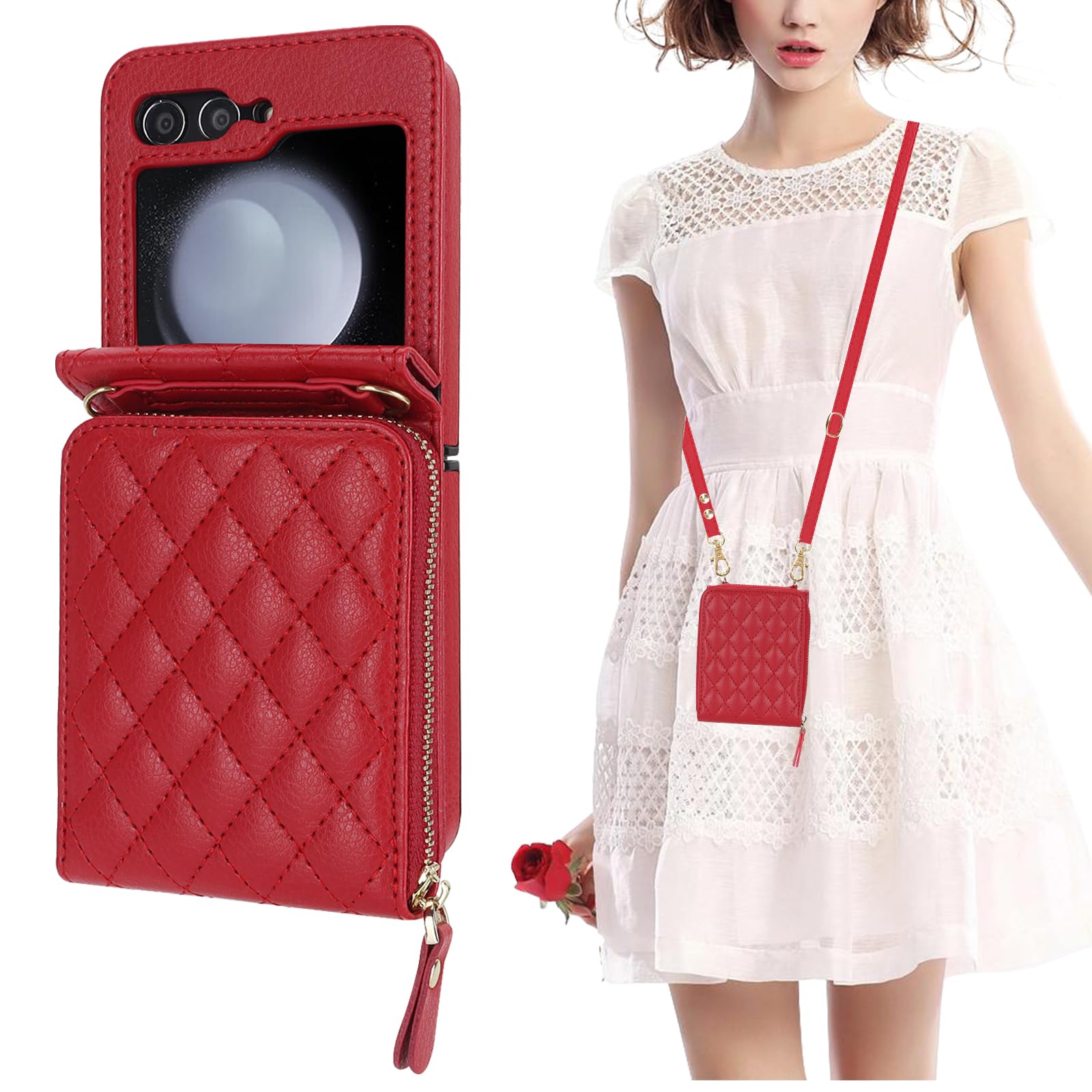 KIHUWEY for Samsung Galaxy Z Flip 5 Wallet Case, Crossbody Zipper Purse with Credit Card Slot Holder RFID Blocking PU Leather Adjustable Lanyard