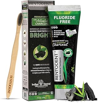 Bentodent Natural Activated Charcoal Toothpaste (Mint) with Bamboo Toothbrush – Herbal Teeth Whitening & Fresh Breath for Entire Family, Fluoride & SLS Free, Safe for Kids, Pack of 2, 100g