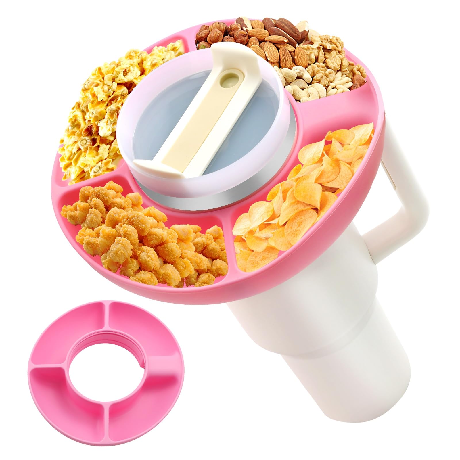 XQZMD Ciotola per snack per Stanley Cup da 1,18 l, riutilizzabile con manico, anello per snack in silicone, vassoio per snack a 4 scomparti, accessori Stanley Cup (rosa