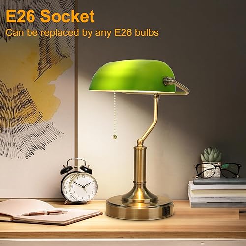 Miniatura 3 de LINNMON Bankers - Lámpara de escritorio verde con interruptor de cadena de tracción, lámpara retro con puertos de carga USB y tipo C, lámpara